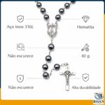 Terço Nossa Senhora Aparecida em Hematita 8mm, Aço Inox 316L resistente, com caixa para guardar e proteção durável. - Imagem 7
