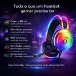 Headset Gamer RGB Neon com Led: som estéreo 40mm, microfone claro e conforto ergonômico para jogar com mais imersão. - Imagem 3