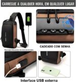 Bolsa Transversal Masculina Antifurto Impermeável com Cadeado e USB, compacta e segura para trabalho, academia e uso urbano. - Imagem 5