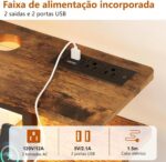 Escrivaninha Mesa para Computador 2 Níveis com Tomada Integrada e Armazenamento Lateral para Home Office e Jogos, Marrom - Imagem 4