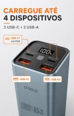 Power Bank A'Gold BTE-92 20000mAh 65W para notebook com 4 saídas, visor digital e 2 cabos USB-C. - Imagem 5