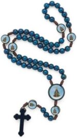 Terço Madeira Azul 8mm com Cordão Marrom Redondo Nossa Senhora Aparecida para fé e devoção - Imagem 3