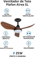 Ventilador de Teto Plafon Aires Preto com Pás de Madeira 25W LED Multicolor Dimerizável – Ultra Silencioso, 6 Velocidades, Controle Remoto para Salas, Quartos e Ambientes Internos - Imagem 4