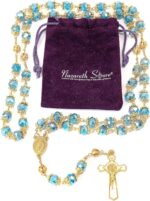 Terço azul celeste São Bento 10 mm banhado a ouro, rosário com medalha milagrosa e crucifixo para compra segura e elegante - Imagem 5