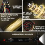 Patinete Elétrico Adulto/Scooter Elétrica 550W: autonomia de 37 km, suspensão dianteira e luzes laterais para mais conforto e segurança. - Imagem 6