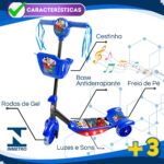 Patinete 3 Rodas Infantil Azul com Luzes e Sons, cesta e freio traseiro, suporta até 35kg. - Imagem 3
