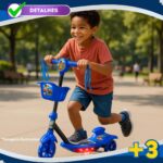 Patinete 3 Rodas Infantil Azul com Luzes e Sons, cesta e freio traseiro, suporta até 35kg. - Imagem 4
