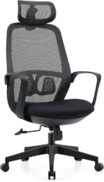 Cadeira de escritório ergonômica preta com encosto de cabeça, malha respirável, suporte lombar e altura ajustável para mais conforto. - Imagem 3