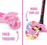 Patinete Infantil 3 Rodas Dobrável Rosa com LED e altura regulável para crianças, seguro e divertido - Imagem 4