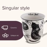 Caneca Karma Presentes 473 ml boho preta e branca com gato, ideal para café e chá, resistente e lavável - Imagem 3