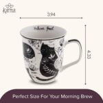 Caneca Karma Presentes 473 ml boho preta e branca com gato, ideal para café e chá, resistente e lavável - Imagem 5