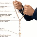 Terço Nossa Senhora de Fátima Madeira 8mm Católico com Crucifixo Dourado para oração e devoção diária - Imagem 8