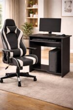 Mesa computador preta com gaveta para teclado e espaço para CPU, ideal para home office compacto e moderno - Imagem 5