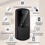 Fechadura inteligente 4 em 1 com impressão digital, senha, cartão IC e trava automática. Segurança e praticidade para sua porta. - Imagem 3