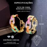 Brinco Argola Feminino Elo com Zircônias Coloridas e banho de ouro, elegância e alegria com bolsa de veludo - Imagem 3
