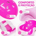 Kit Protecao Infantil Menina 7 Pecas Rosa: seguranca completa, conforto ajustavel e ideal para patins, skate, bicicleta e patinete. - Imagem 6
