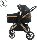 Carrinho Travel System Kansas + Base Gold/Preto: quadro dourado e tecido preto com estilo e praticidade para o dia a dia. - Imagem 3