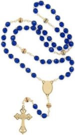 Terço Cristal Vidro 8mm Azul Dourado Nossa Senhora Aparecida com acabamento delicado e caixa acrílica para presentear e rezar com fé. - Imagem 3