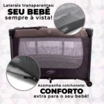 Berço portátil infantil cinza com mosquiteiro, trocador e barra de brinquedos: seguro, compacto e aprovado pelo INMETRO - Imagem 4