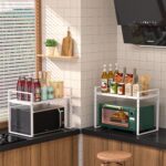 Suporte expansível para micro-ondas com 2 camadas, altura ajustável e metal resistente para organizar sua cozinha. - Imagem 5