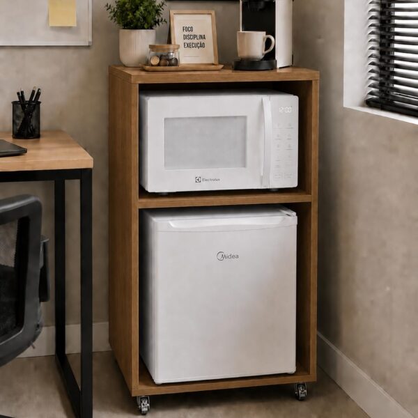 Bancada Bar para Embutir Frigobar e Microondas com rodízios: praticidade e acabamento premium para sua cozinha.