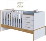 Berço Beni 5 em 1: vira cama de solteiro, com trocador, gaveteiro e baú em MDF branco com amêndoa. - Imagem 5
