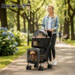 Carrinho dobrável duplo para cães e gatos, leve, com transportadores removíveis e rodas traváveis até 35 kg - Imagem 9