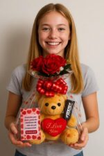 Kit Romântico Urso Pelúcia + 7 Rosas + Cartão e Bala da Paixão: presente romântico completo e pronto para surpreender quem você ama - Imagem 4