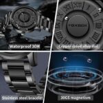 FOXBOX Relógio masculino de aço inoxidável preto magnético Force S: estilo e resistência para o dia a dia - Imagem 6