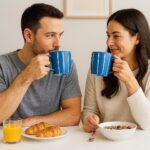2 Canecas de Cerâmica Listras 330ml Premium Decorada Azul: elegância e praticidade para café, chá e presentes. - Imagem 4