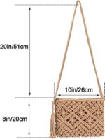 Bolsa tiracolo boho artesanal em corda de algodão, leve e estilosa para praia e verão, com borlas e cor camelo. - Imagem 4