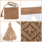 Bolsa tiracolo boho artesanal em corda de algodão, leve e estilosa para praia e verão, com borlas e cor camelo. - Imagem 6
