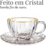 Jogo de Xícaras com Pires de Cristal 6 Unidades com Borda Dourada: elegância para café, chá e mesa posta sofisticada. - Imagem 4