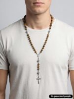 Rosário masculino PESOENTH com olho de tigre e cruz de prata, joia espiritual para oração e presente religioso para homens - Imagem 3