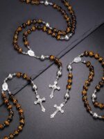 Rosário masculino PESOENTH com olho de tigre e cruz de prata, joia espiritual para oração e presente religioso para homens - Imagem 4