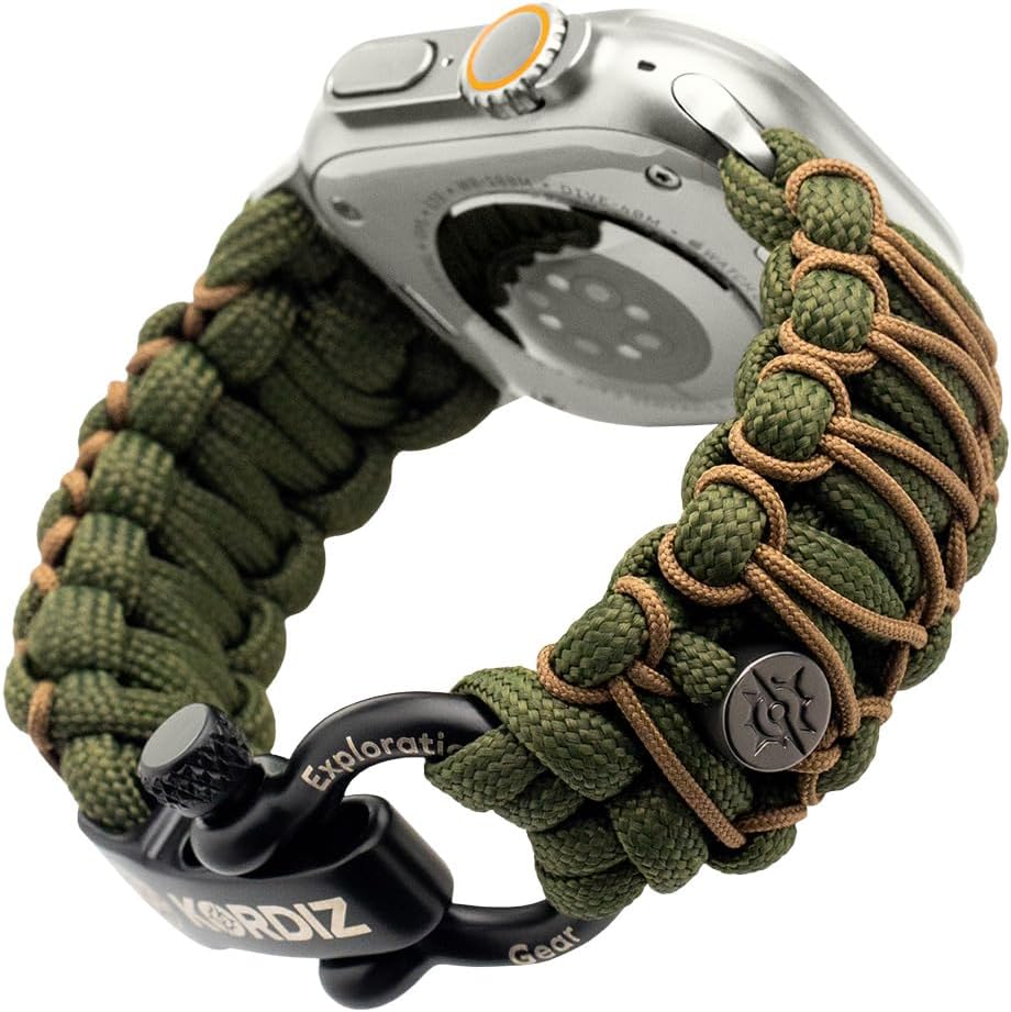 KORDIZ Survivor Pro: pulseira Paracord premium para Apple Watch, com KORDIZ Survivor Pro: pulseira Paracord premium para Apple Watch, com manilha ajustável em aço inoxidável e alta segurança.