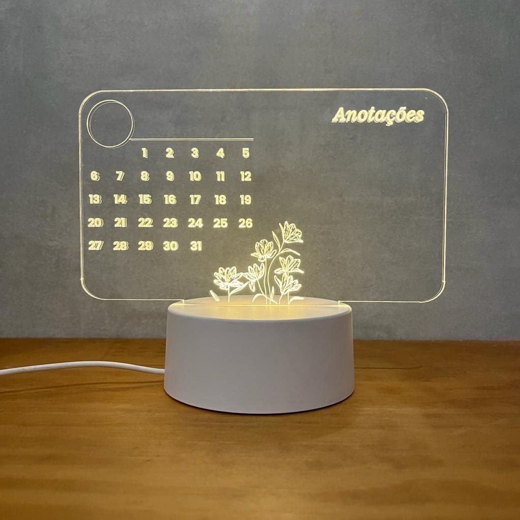 Luminária 3D calendário de Escrever tipo Lousa em acrílico com caneta: decoração interativa, prática e criativa para presentear. - Imagem 3
