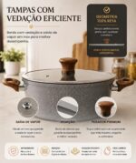 Conjunto de Panelas 5 Peças Antiaderente para Indução: cozinha sem grudar, com tampa de vidro e cabo amadeirado. - Imagem 5