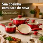 Jogo de Panelas Cerâmica 5 Peças Vermelho: antiaderente premium, livre de PFOA e com fundo reforçado para cozinhar com praticidade e saúde. - Imagem 5