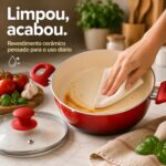 Jogo de Panelas Cerâmica 5 Peças Vermelho: antiaderente premium, livre de PFOA e com fundo reforçado para cozinhar com praticidade e saúde. - Imagem 7