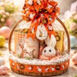 Cesta de Páscoa com Ferrero Rocher e Lacta, pronta para presentear com coelho de pelúcia e lata temática. - Imagem 3