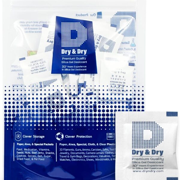 200 pacotes Dry & Dry 1g: sílica gel premium segura, reutilizável e eficaz contra umidade