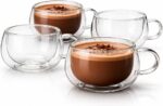 4 Xícaras de Vidro Dupla Parede 150ml: isolamento térmico, borossilicato e design elegante para café, chá e presente sofisticado.