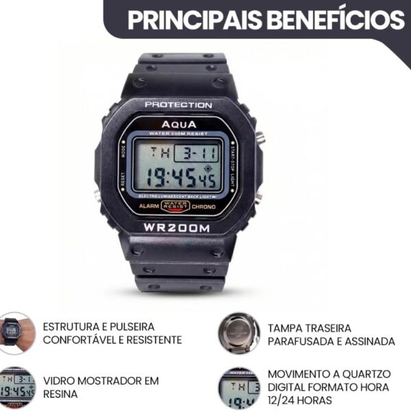 AQUA Relógio Digital Masculino Preto: resistente à água 200M, com alarme, cronômetro e luz eletroluminescente.