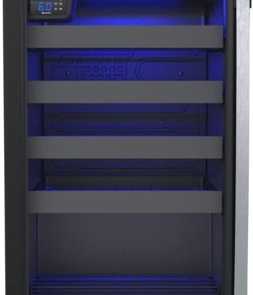 Adega Piubella Venax 100L: 24 garrafas, porta invertida, controle digital e design preto fosco para conservar seus vinhos com estilo.