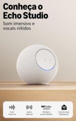 Amazon Echo Studio branco com som espacial imersivo e Dolby Atmos para áudio premium e casa inteligente integrada