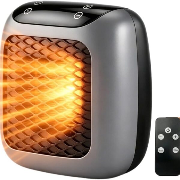 Aquecedor Portátil 110V 800W com Controle Remoto: calor rápido, compacto e prático para quarto e casa.