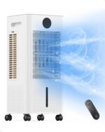 Ar condicionado portátil, refrigerador de ar evaporativo sem janelas com controlo remoto, 3 velocidades, temporizador de 12 horas, refrigerador oscilante para câmara, sala de estar, cor