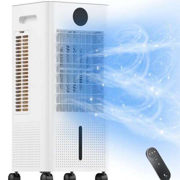 Ar condicionado portátil, refrigerador de ar evaporativo sem janelas com controlo remoto, 3 velocidades, temporizador de 12 horas, refrigerador oscilante para câmara, sala de estar, cor