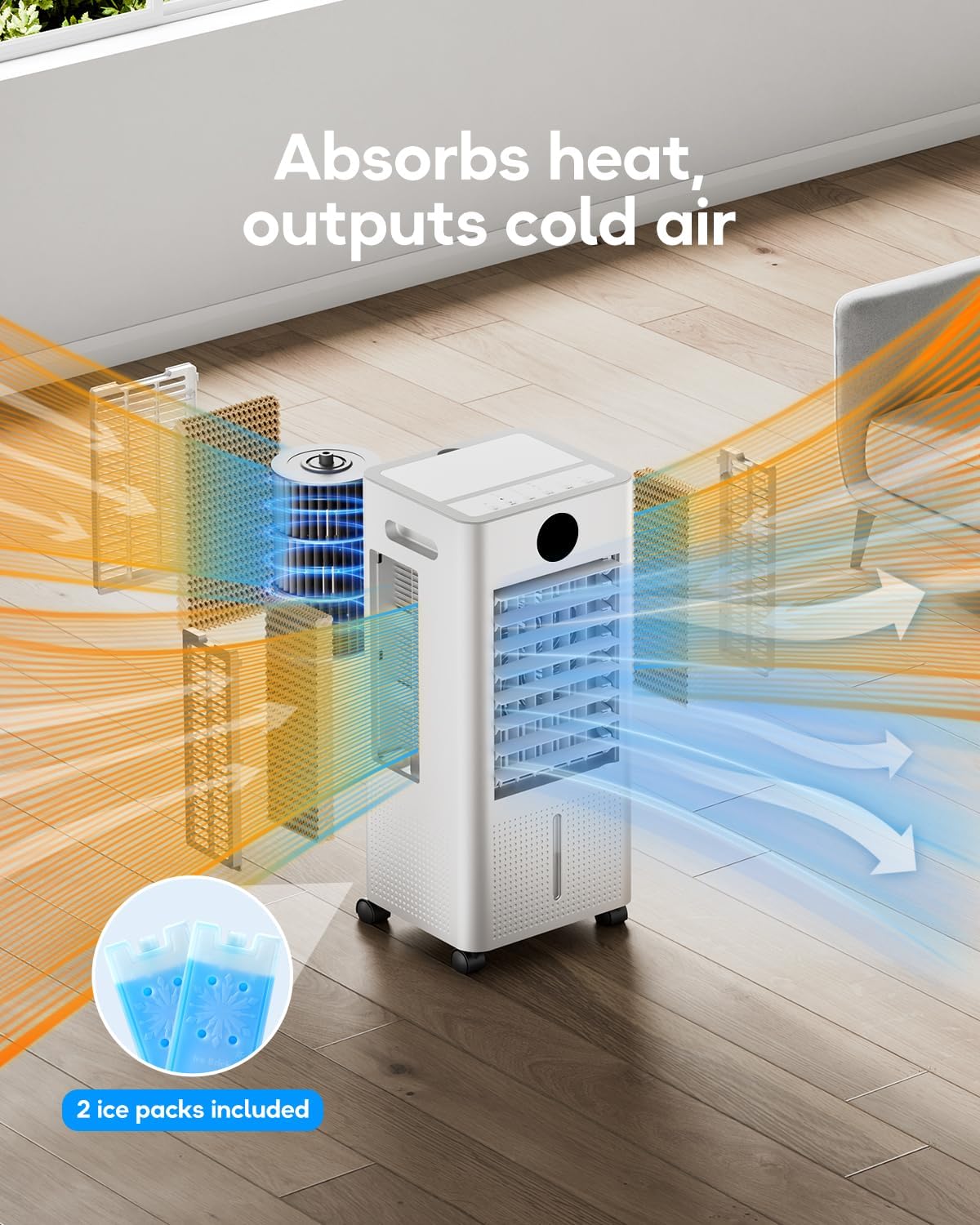 Ar condicionado portátil, refrigerador de ar evaporativo sem janelas com controlo remoto, 3 velocidades, temporizador de 12 horas, refrigerador oscilante para câmara, sala de estar, cor - Imagem 2